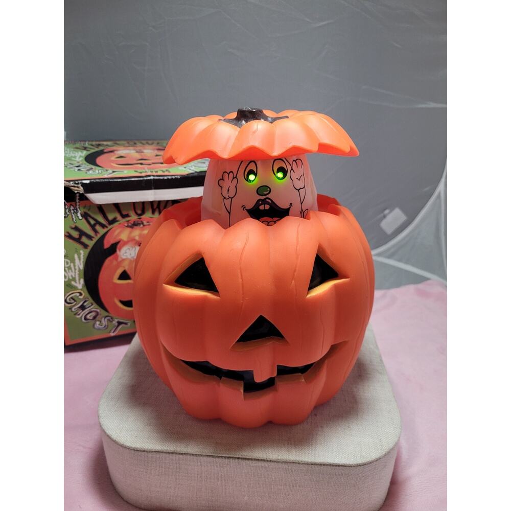 💥 Animated Halloween Pumpkin with Ghost Inside Decoration Rare 8” w/ Box (A2)